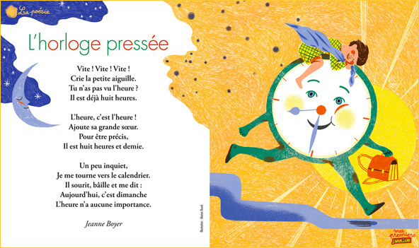 La poésie à l'honneur dans Mes premiers J’aime lire - L'horloge pressée, poème de Jeanne Boyer. Illustration : Marion Duval
