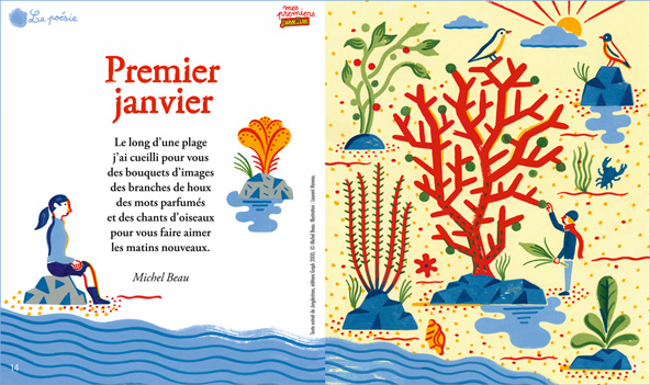 La poésie à l'honneur dans Mes premiers J’aime lire - Premier janvier, poème de Michel Beau, extrait de Jonglerimes, éditions Graph 2000, © Michel Beau. Illustration : Laurent Moreau.