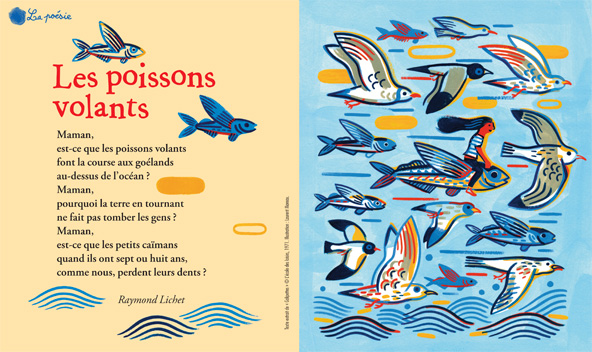 La poésie à l'honneur dans Mes premiers J’aime lire - Les poissons volants, poème de Raymond Lichet, texte extrait de Galipettes, © L’école des loisirs, 1971. Illustration : Laurent Moreau.