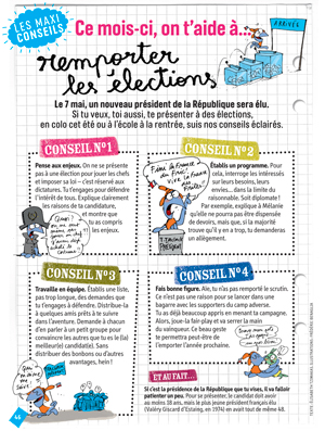 “Ce mois-ci, on t'aide à remporter les élections”, J'aime lire Max, mai 2017. Texte : Élisabeth Tzimakas. Illustrations : Frédéric Benaglia