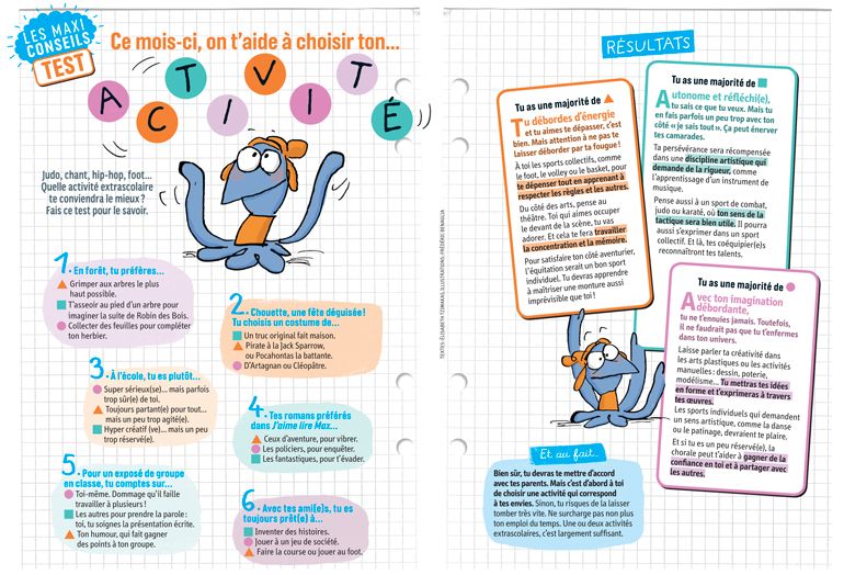 Téléchargez le test : “Ce mois-ci, on t'aide à choisir ton activité”, J'aime lire Max n° 237, septembre 2018. Texte : Élisabeth Tzimakas. Illustrations : Frédéric Benaglia