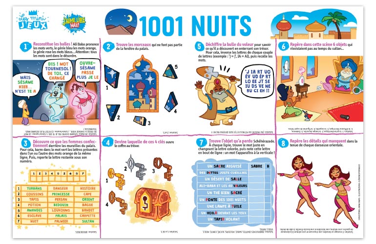 “1001 nuits”, J'aime lire Max n°238. Conception : Anna Mars. Illustrations : Clémence Perrault.