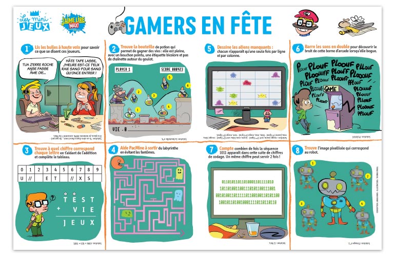 “Gamers en fête”, J'aime lire Max n°239. Conception : Anna Mars. Illustrations : Thomas Priou.