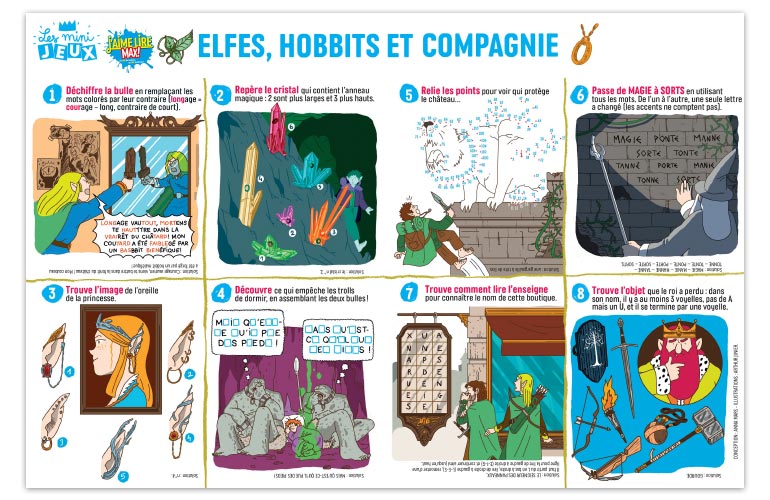 “Elfes, hobbits et compagnie”, J'aime lire Max n°249. Conception : Anna Mars. Illustrations : Arthur Junier.