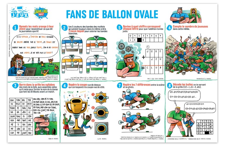 "Fans de ballon ovale”, J'aime lire Max n°251. Conception : Anna Mars. Illustrations : Sébastien Touache.