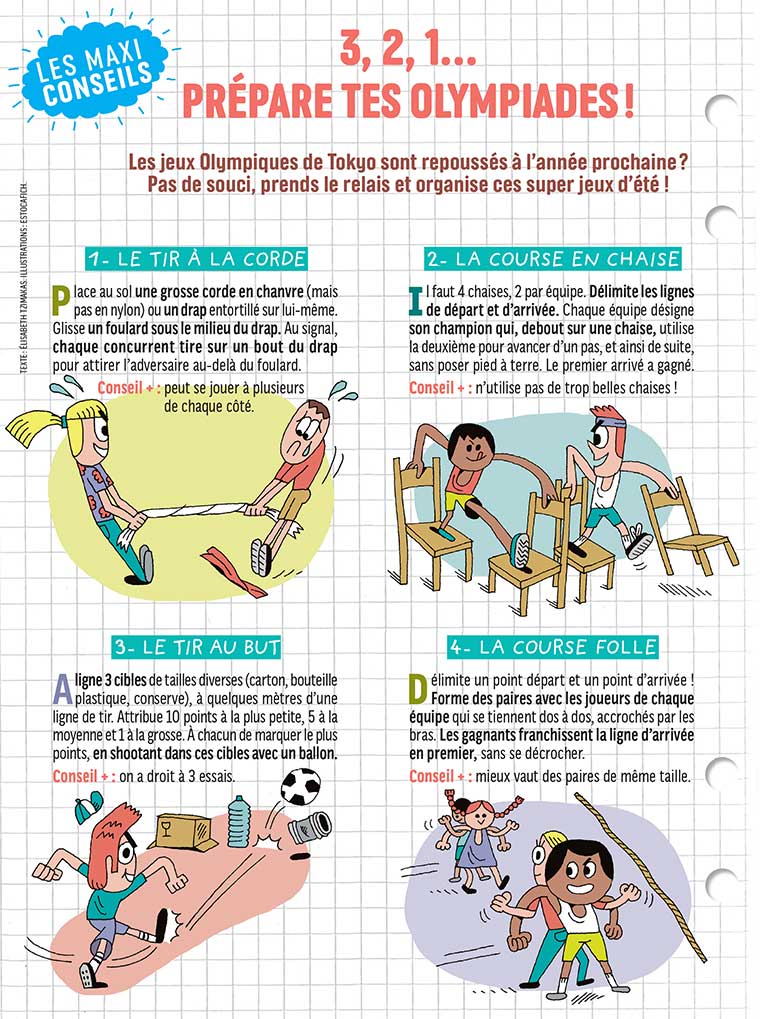 “Les maxi-conseils : ce mois-ci, on t'aide à organiser des olympiades”, 
J'aime lire Max n°259, juillet 2020. Texte : Élisabeth Tzimakas. Illustrations : Estocafich.