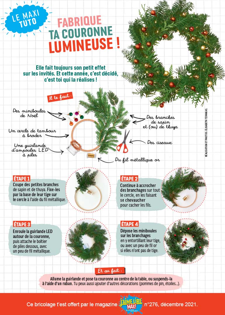 “Déco de Noël : fabrique ta couronne lumineuse !”, J'aime lire Max n°276, décembre 2021. Photos : Élisabeth Tzimakas. 