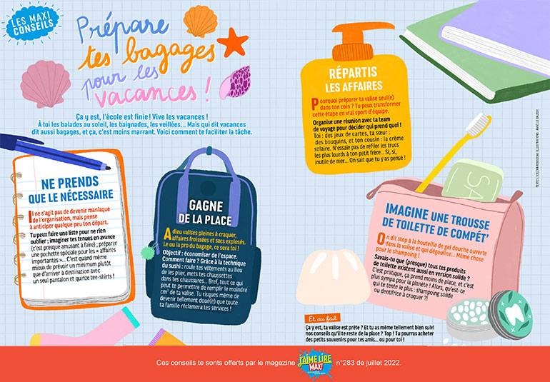 “Les maxi conseils : prépare tes bagages pour les vacances !”, J'aime lire Max n°283, juillet 2022. Illustration : Anaëlle Daussy.