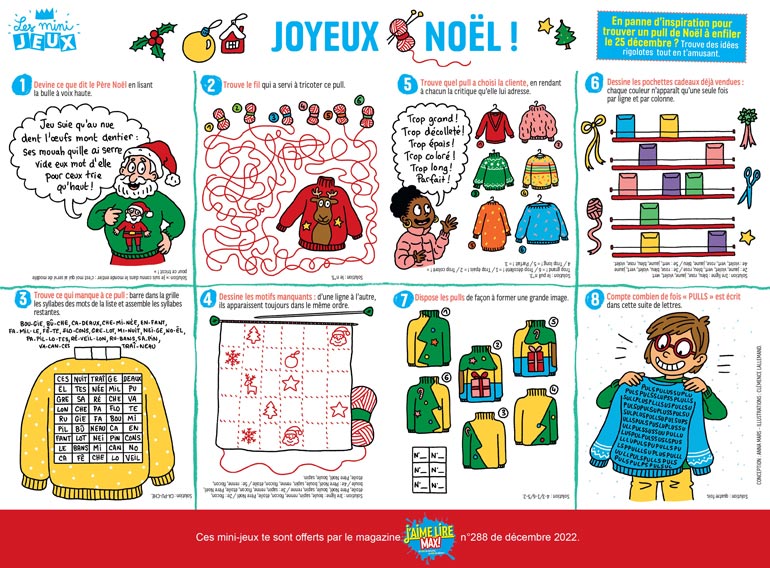 Jeux Joyeux Noël !, J'aime lire Max n°288, décembre 2022. Illustrations : Clémence Lallemand.