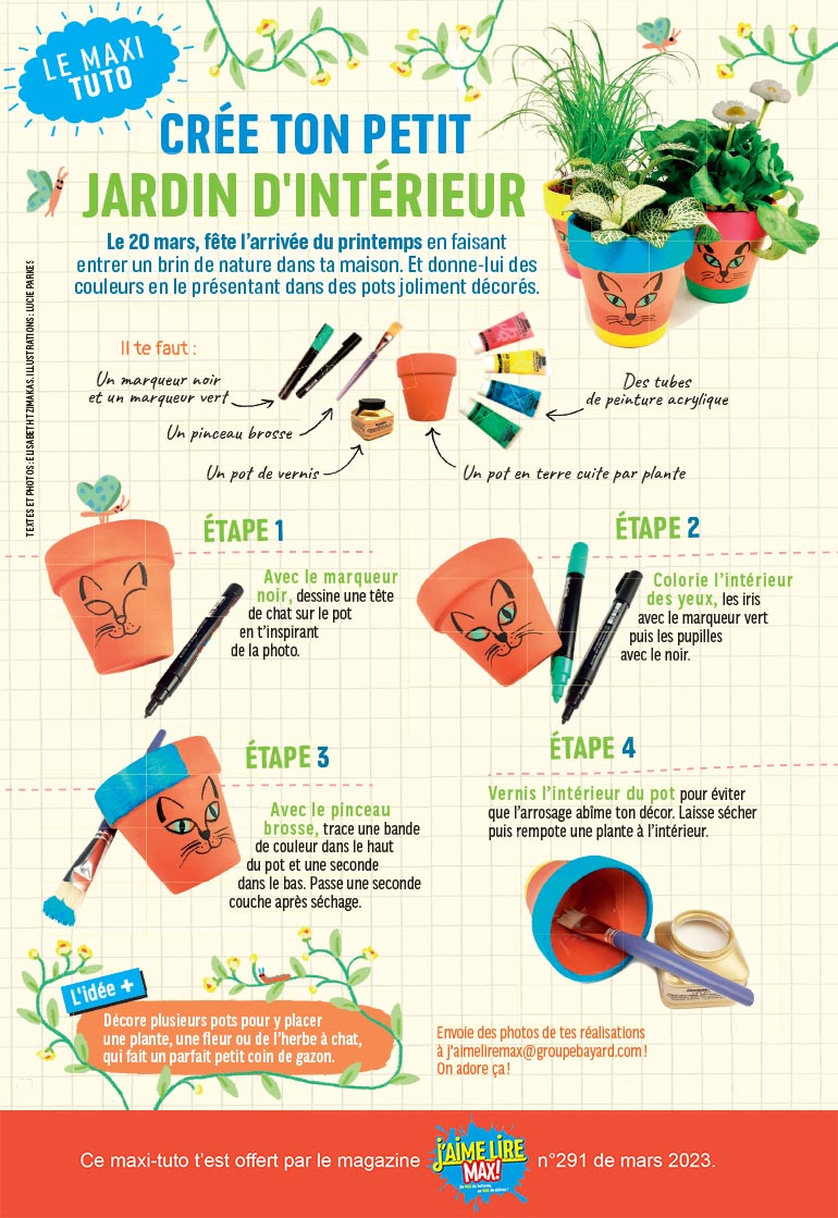 Crée ton petit jardin d’intérieur, J‘aime lire Max n°291, mars 2023. Photos : Élisabeth Tzimakas. Illustrations : Lucie Parkes