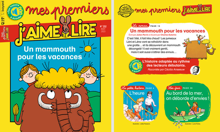 Couverture et sommaire de Mes premiers J'aime lire n°252, août 2023. Un mammouth pour les vacances.