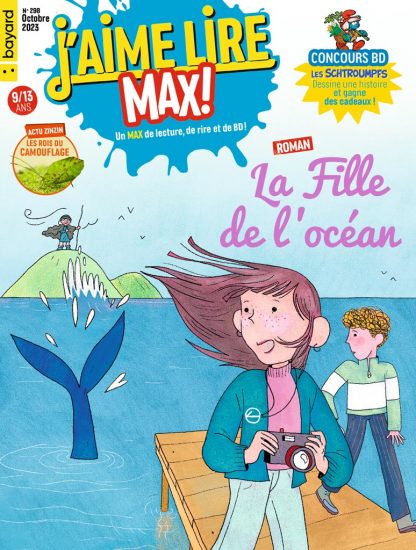 Couverture du magazine J'aime lire Max n°298, octobre 2023 - La fille de l'océan, de Sahra Leclerc. Illustré par Héloïse Solt.