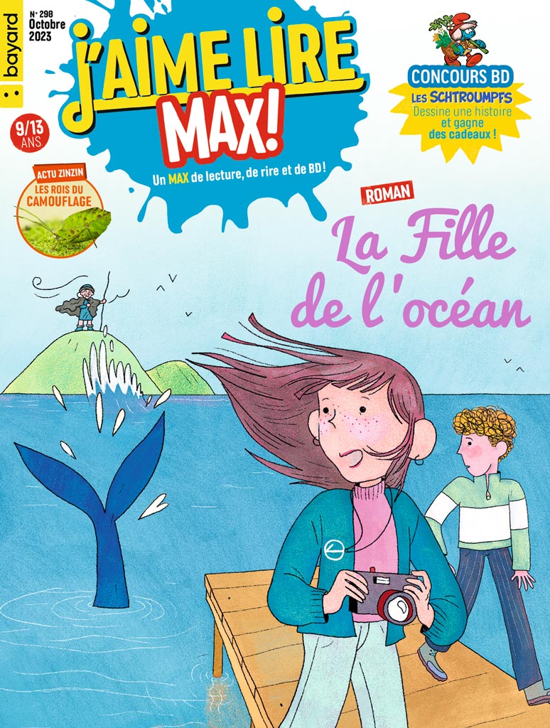 Couverture du magazine J'aime lire Max n°298, octobre 2023 - La fille de l'océan, de Sahra Leclerc. Illustré par Héloïse Solt.