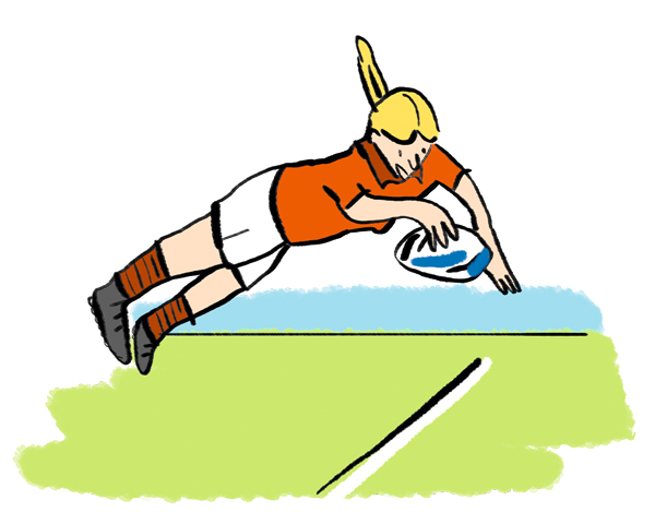L’essai : Le but du rugby est de marquer un essai, qui rapporte 5 points. Voilà comment ça fonctionne : il faut aplatir le ballon derrière la ligne adversaire, avec une pression de haut en bas de la main sur le ballon. Un geste très précis et surveillé de près par l’arbitre ! Illustrations : Lucie Parkes