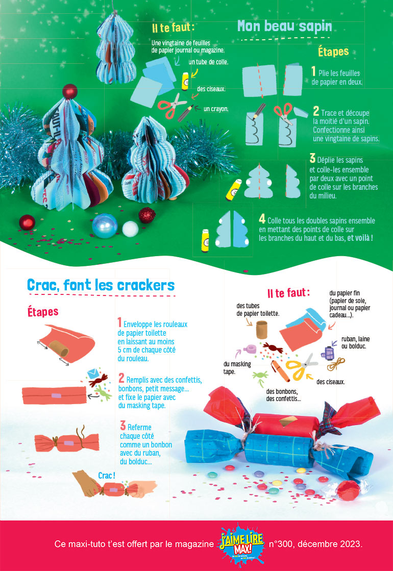 Un Noël 100 % maison, J‘aime lire Max n°300, décembre 2023. Photos : la rédaction de J‘aime lire Max. Illustrations : Lucie Parkes.