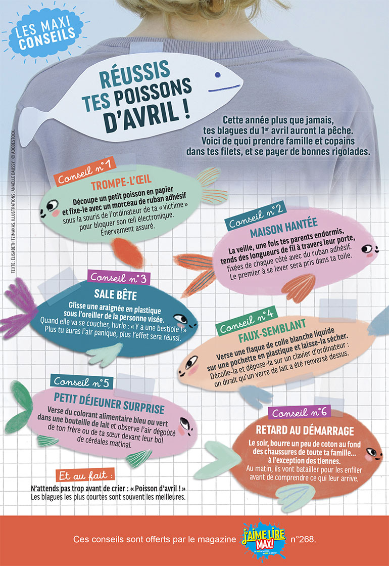 Les Maxi-conseils de J'aime lire Max. Réussis tes poissons d'avril ! Illustrations : Anaëlle Daussy. © Adobe Stock.