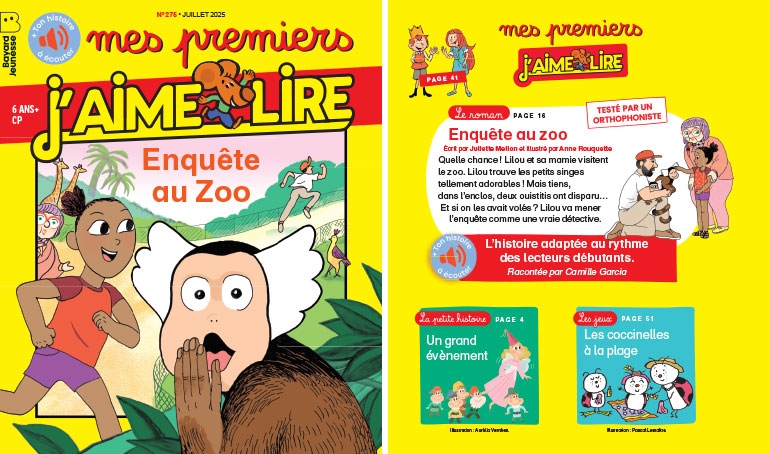 Couverture et sommaire de Mes premiers J'aime lire n°276, juillet 2025,“Enquête au zoo”.